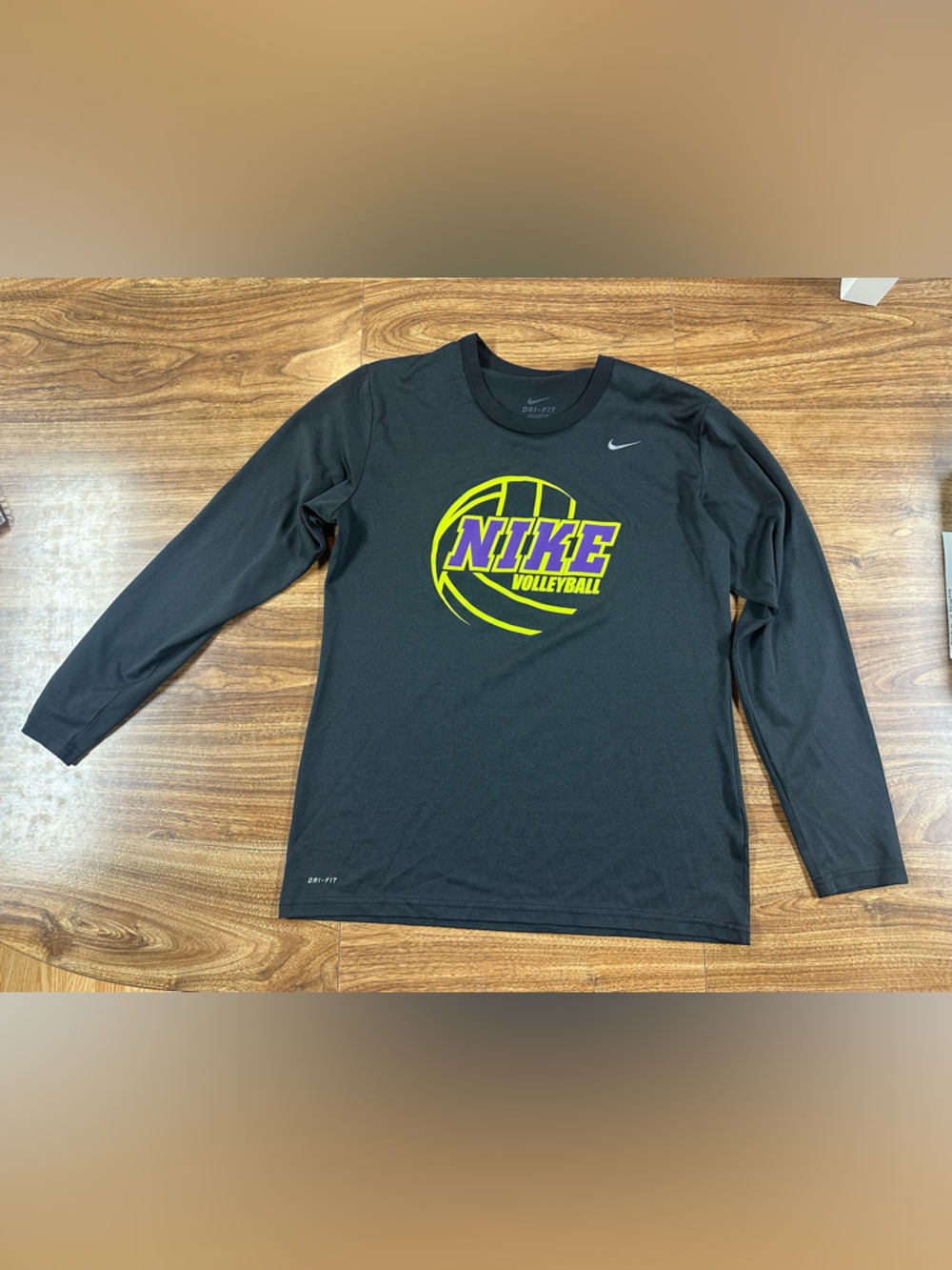 Nike Black Long-Sleeve Volleyball Graphic Tee with Neon Yellow & Purple Logo